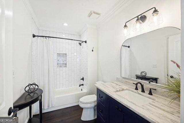 full bathroom with shower / bath combo, vanity, crown molding, wood-type flooring, and toilet