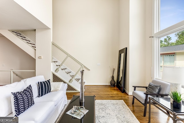 living room with hardwood / wood-style floors, a wealth of natural light, and a high ceiling