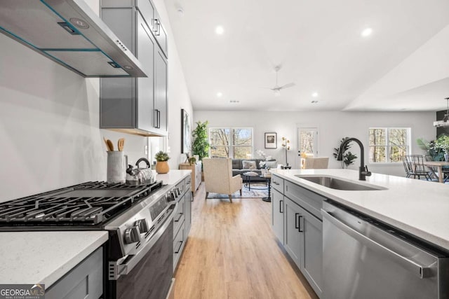 kitchen with appliances with stainless steel finishes, gray cabinetry, extractor fan, ceiling fan, and sink