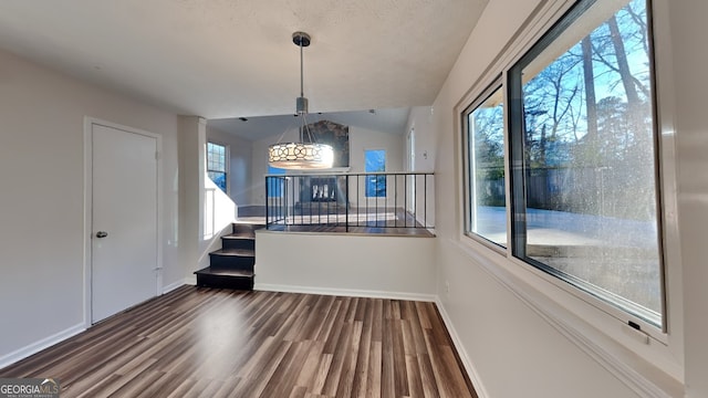 unfurnished dining area with a healthy amount of sunlight, hardwood / wood-style flooring, and lofted ceiling