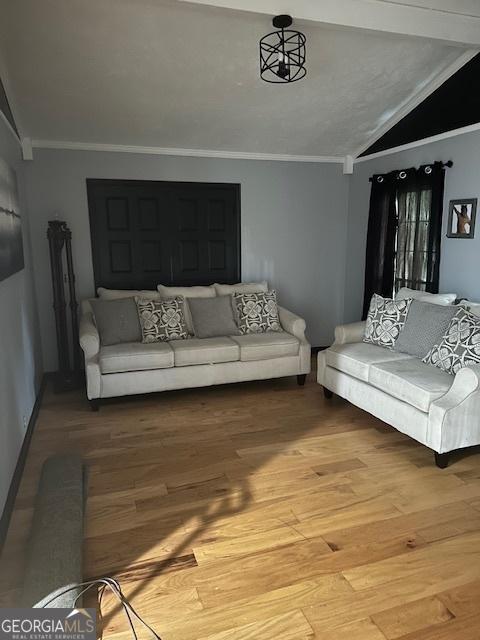 living room with hardwood / wood-style floors, ornamental molding, and lofted ceiling