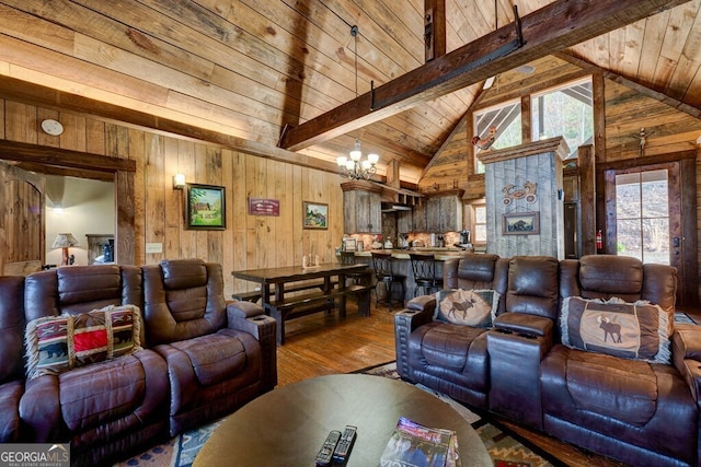 living room featuring beam ceiling, wood ceiling, wood walls, and a notable chandelier