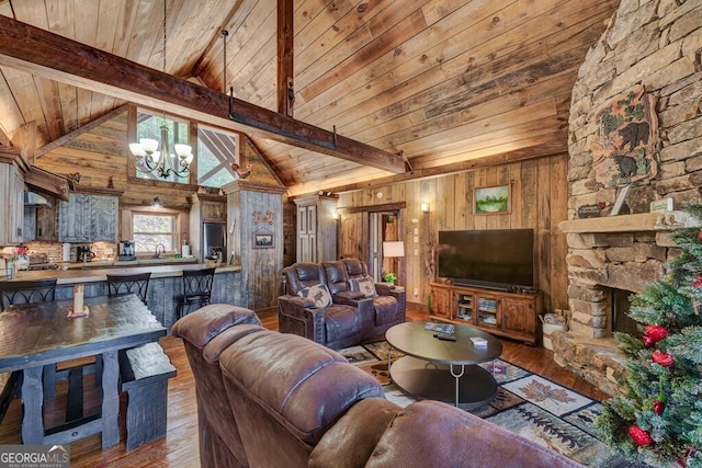 living room featuring wood-type flooring, sink, wood walls, a chandelier, and beam ceiling