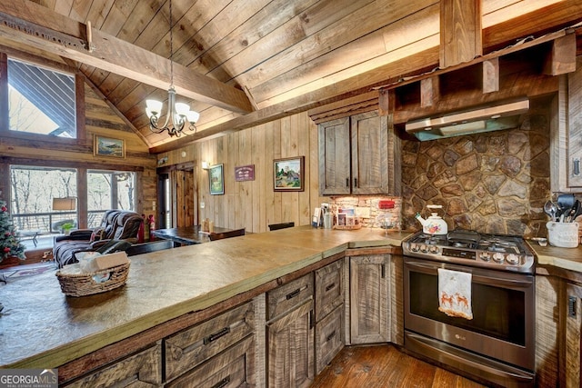 kitchen featuring wood ceiling, exhaust hood, gas stove, wood walls, and a notable chandelier