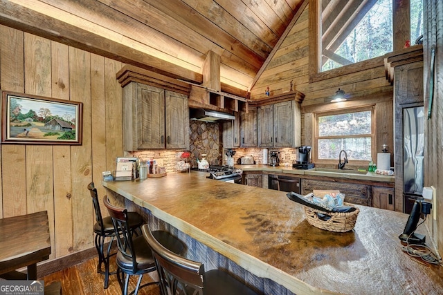 kitchen with black dishwasher, lofted ceiling, wood-type flooring, stainless steel range oven, and sink