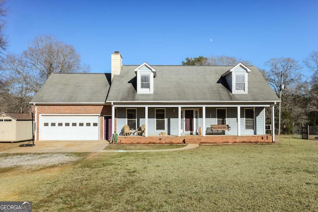 cape cod house with a front lawn, a porch, and a garage