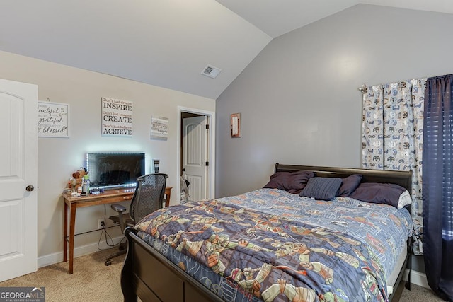 bedroom featuring light carpet and lofted ceiling