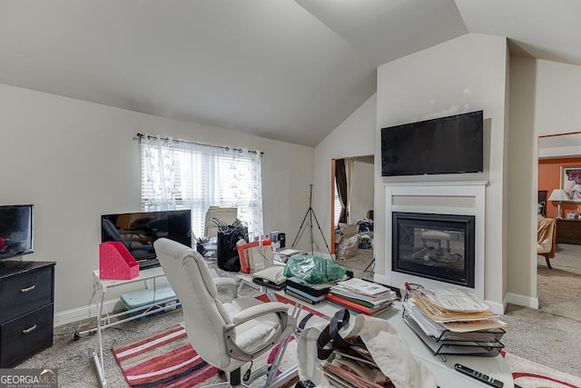 office space with carpet flooring and lofted ceiling