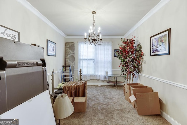 interior space with carpet, an inviting chandelier, and ornamental molding