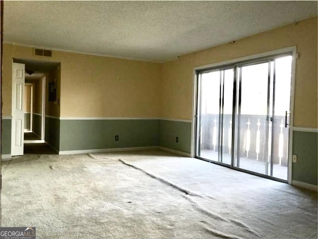 unfurnished room with carpet and a textured ceiling