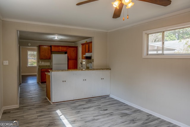 kitchen featuring sink, ornamental molding, white fridge, light stone counters, and light hardwood / wood-style floors