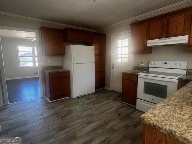 kitchen with crown molding, dark hardwood / wood-style floors, light stone counters, and white appliances