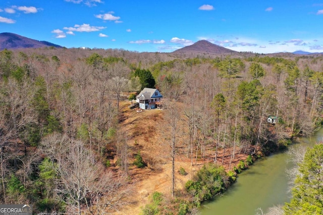 bird's eye view featuring a water and mountain view