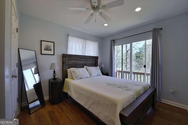 bedroom with access to outside, ceiling fan, and dark hardwood / wood-style floors