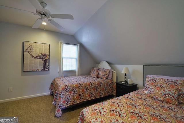 bedroom featuring carpet, ceiling fan, and vaulted ceiling