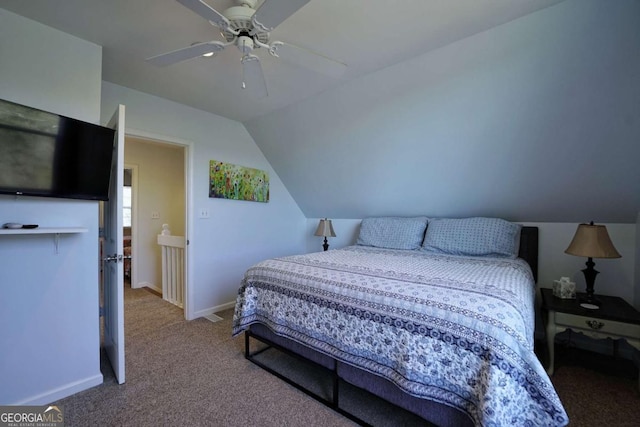 bedroom featuring carpet flooring, ceiling fan, and lofted ceiling