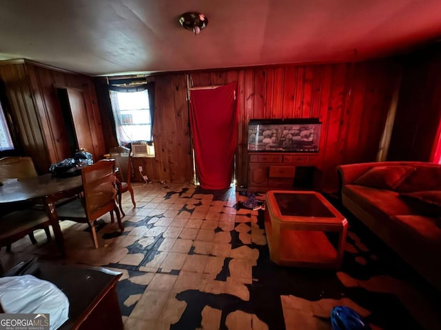 interior space featuring cooling unit and wood walls