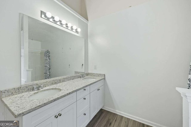 bathroom with vanity, wood-type flooring, and walk in shower