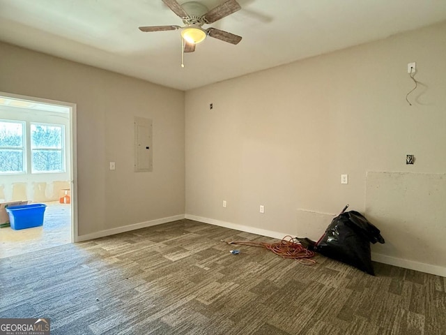 empty room featuring ceiling fan, carpet floors, and electric panel