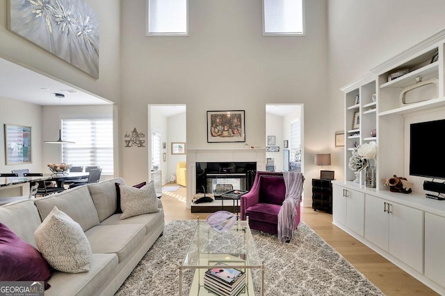 living room featuring a high ceiling, light hardwood / wood-style flooring, and a healthy amount of sunlight