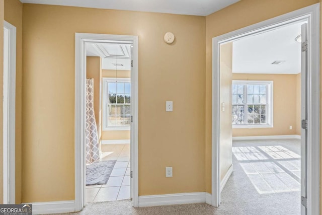 hall with a wealth of natural light and light colored carpet