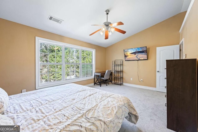 carpeted bedroom featuring ceiling fan and lofted ceiling