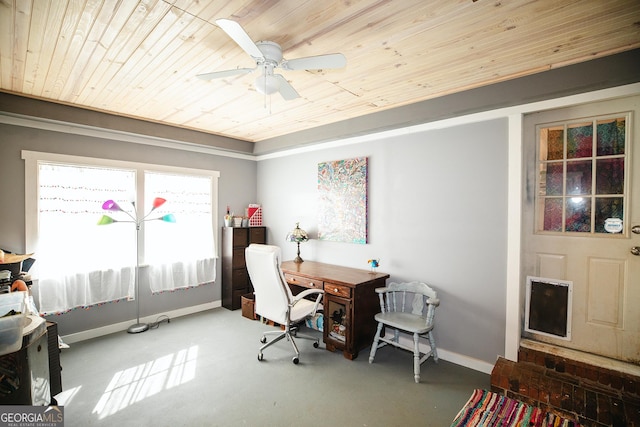 office space with ceiling fan, concrete floors, and wooden ceiling