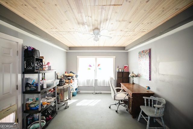 office space featuring ceiling fan and wood ceiling