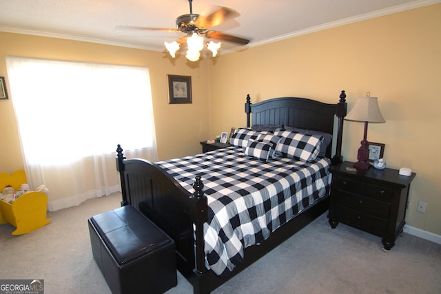 bedroom with multiple windows, light colored carpet, ceiling fan, and ornamental molding