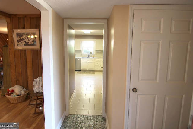 corridor with wood walls and sink