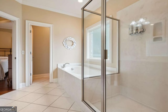 bathroom featuring tile patterned floors, crown molding, and independent shower and bath