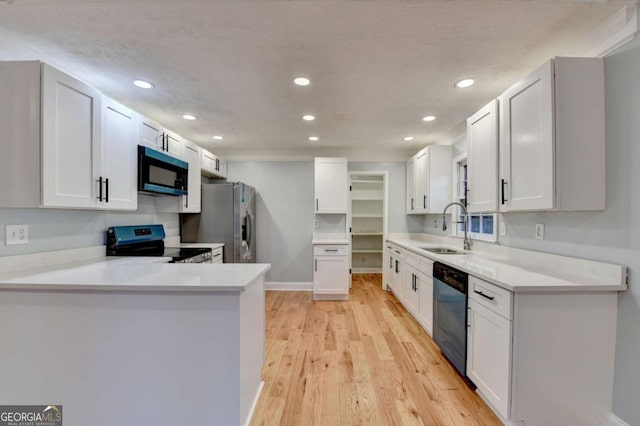 kitchen with kitchen peninsula, sink, white cabinets, and stainless steel appliances