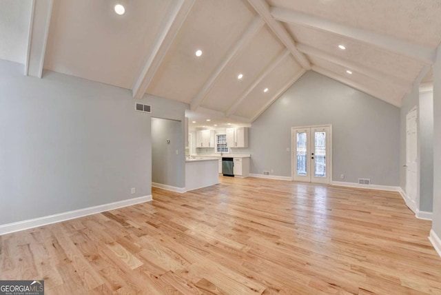 unfurnished living room featuring french doors, high vaulted ceiling, light hardwood / wood-style floors, and beamed ceiling