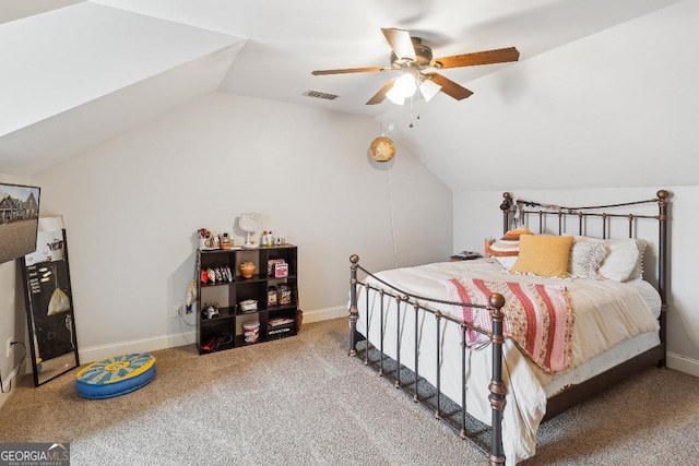 carpeted bedroom featuring ceiling fan and lofted ceiling