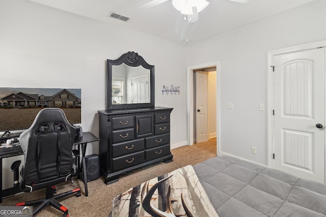 carpeted bedroom with ceiling fan