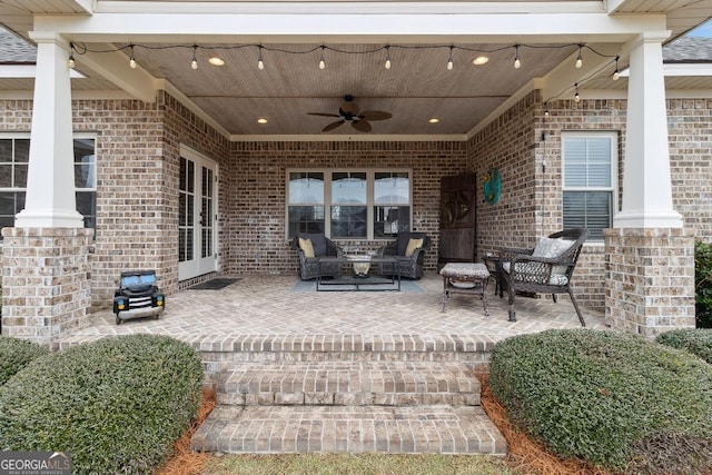 view of patio with ceiling fan, french doors, and an outdoor hangout area