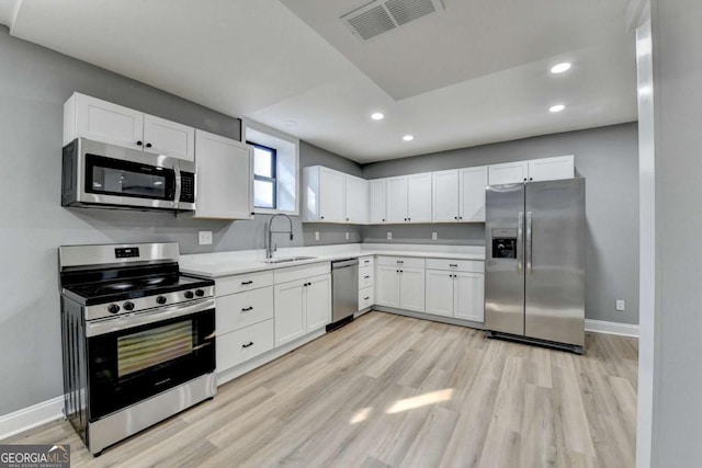 kitchen with sink, white cabinets, light hardwood / wood-style flooring, and appliances with stainless steel finishes