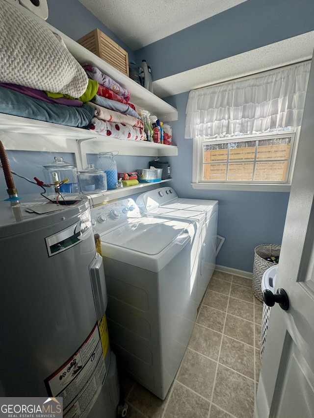 laundry room with independent washer and dryer, a textured ceiling, and water heater