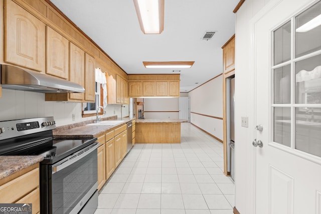 kitchen with light stone countertops, sink, light brown cabinets, light tile patterned flooring, and appliances with stainless steel finishes