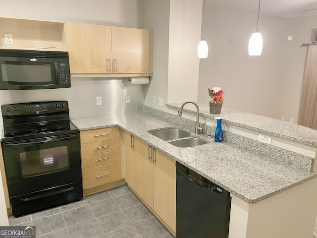 kitchen with black appliances, light brown cabinets, kitchen peninsula, and sink