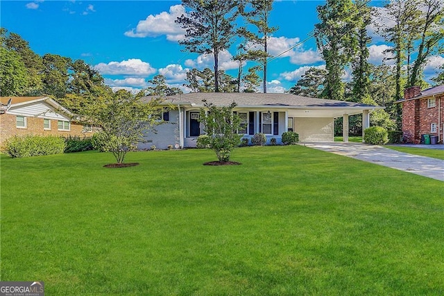 ranch-style house with a carport and a front lawn