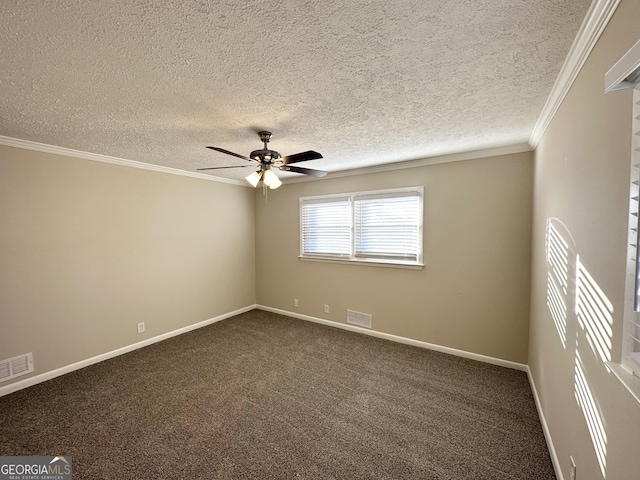 carpeted spare room with ceiling fan, a textured ceiling, and ornamental molding