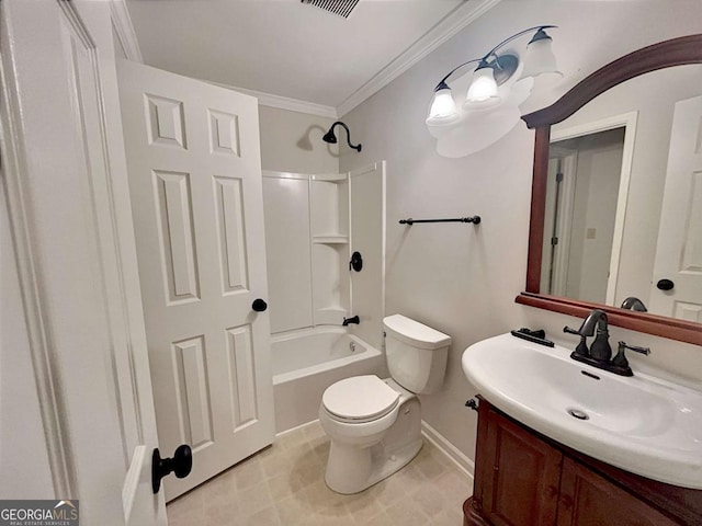 full bathroom with toilet, vanity, tub / shower combination, and ornamental molding