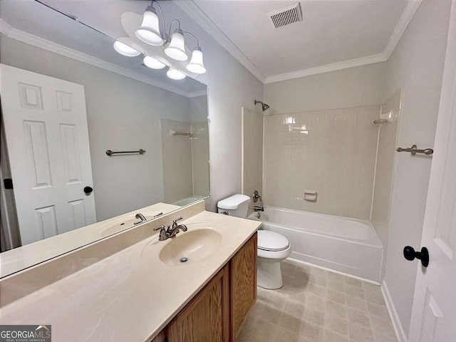 full bathroom with crown molding, shower / bathtub combination, vanity, and toilet