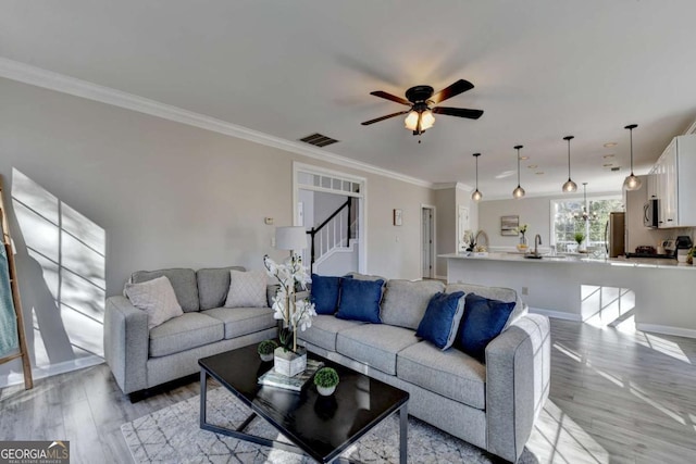 living room with ceiling fan, ornamental molding, and light hardwood / wood-style flooring