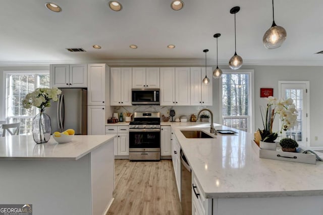 kitchen featuring stainless steel appliances, light stone countertops, ornamental molding, sink, and decorative light fixtures