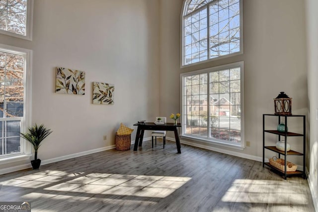 living area with a towering ceiling and light hardwood / wood-style floors