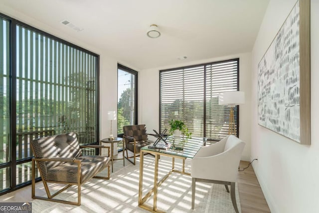 interior space with floor to ceiling windows and light hardwood / wood-style floors