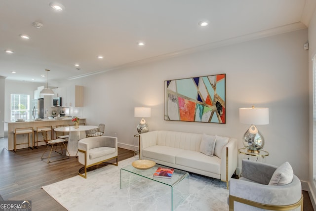 living room with hardwood / wood-style flooring and crown molding