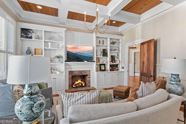 living room featuring coffered ceiling, beamed ceiling, light wood-type flooring, wood ceiling, and ornamental molding